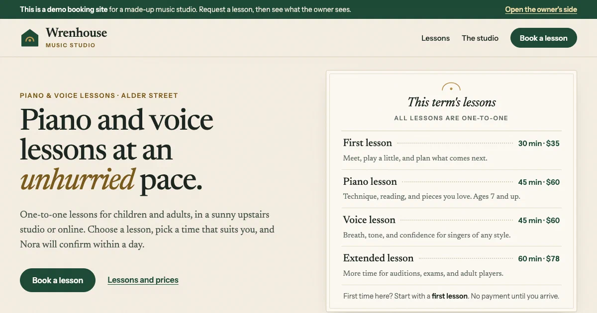 Home page of the Wrenhouse Music Studio demo, listing piano and voice lessons with their lengths and prices