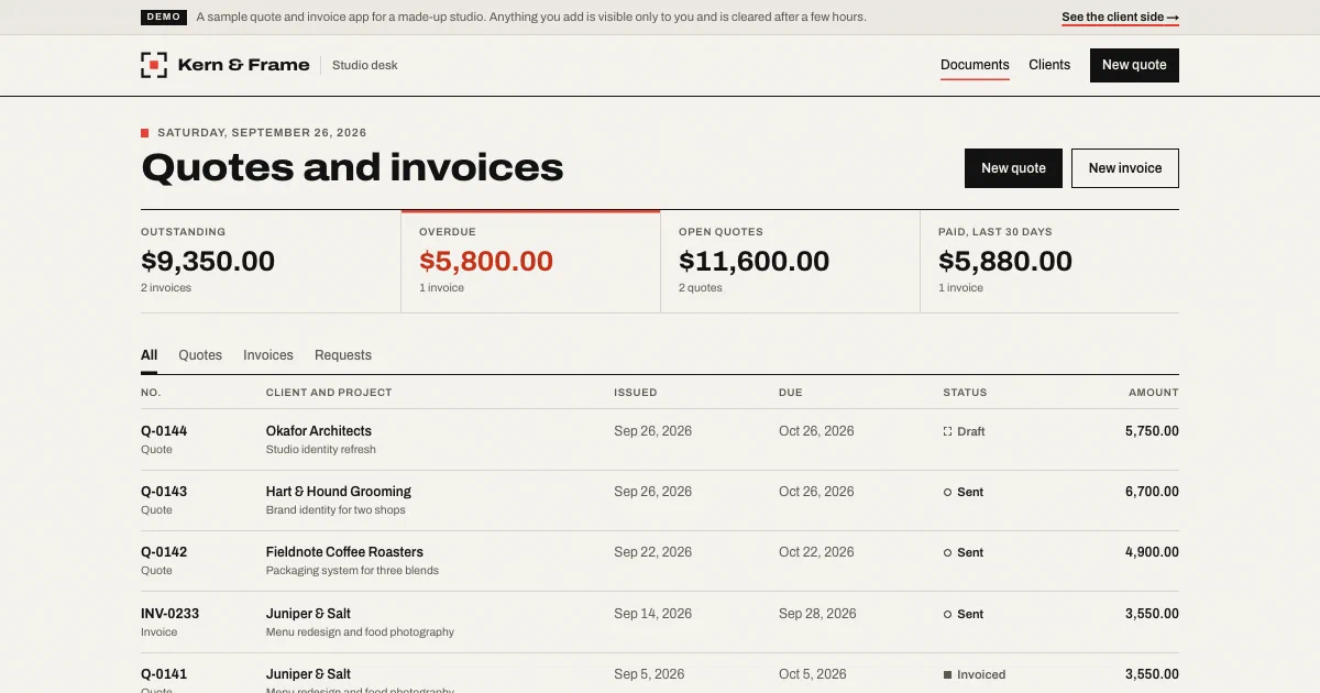 Studio desk of the Kern & Frame demo, showing outstanding, overdue, open quote, and paid totals above a list of quotes and invoices with their status and amount