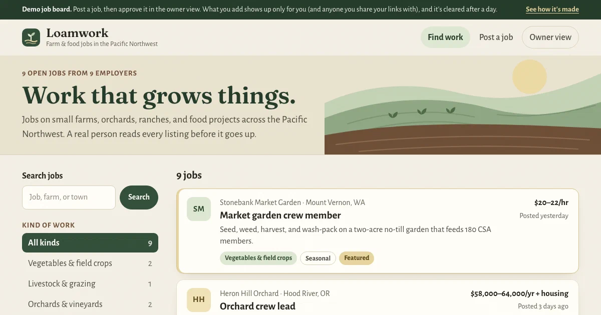 Loamwork demo job board with farm job listings, search, and category filters