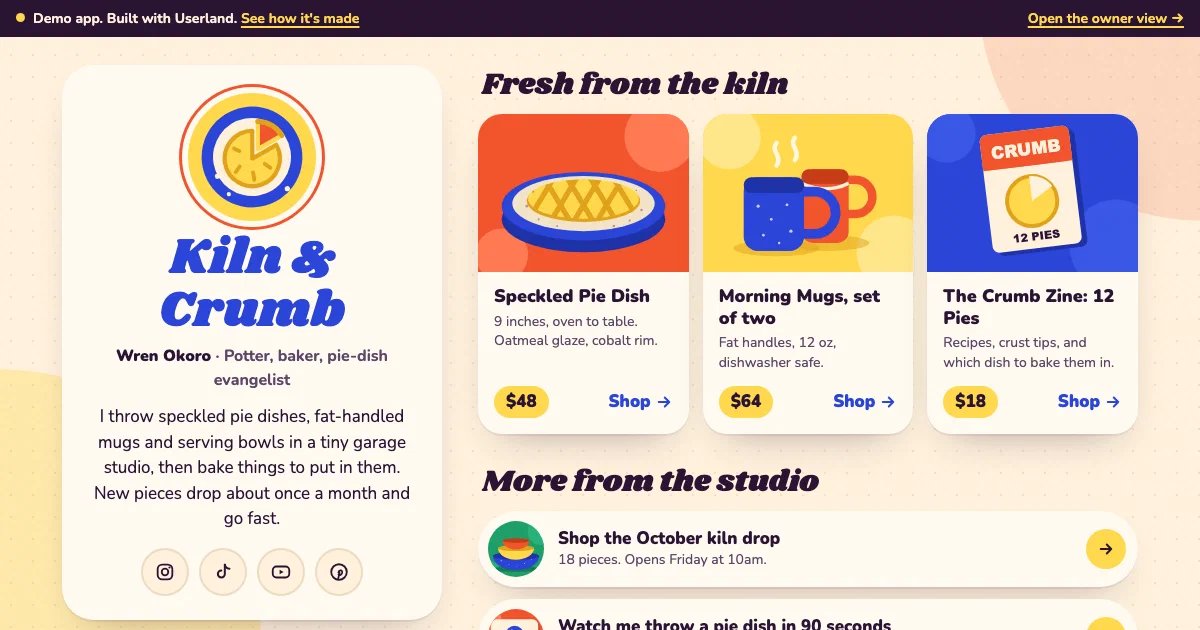 Link-in-bio page for Kiln & Crumb, a made-up pottery studio, with featured pie dishes and mugs and a list of links
