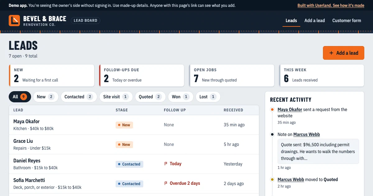 Lead board in the Mini CRM demo, with stage filters, follow-up reminders, and recent activity