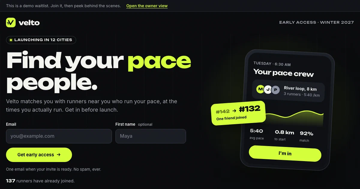 Landing page of the Velto demo waitlist with an email signup form and a badge showing a jump from 142nd to 132nd in line